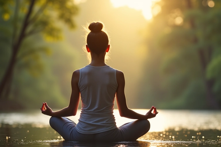 A person meditating or doing light exercise, representing mental and physical well-being.