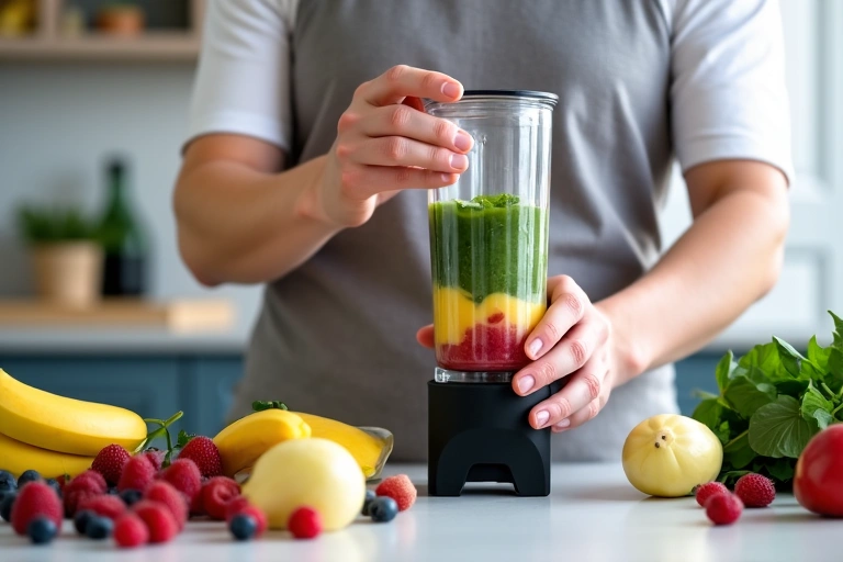 Someone preparing a smoothie with fresh fruits, illustrating healthy drink options.