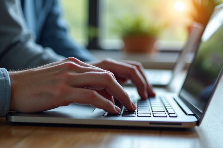 Hands typing on a laptop keyboard, representing digital communication and inquiries.