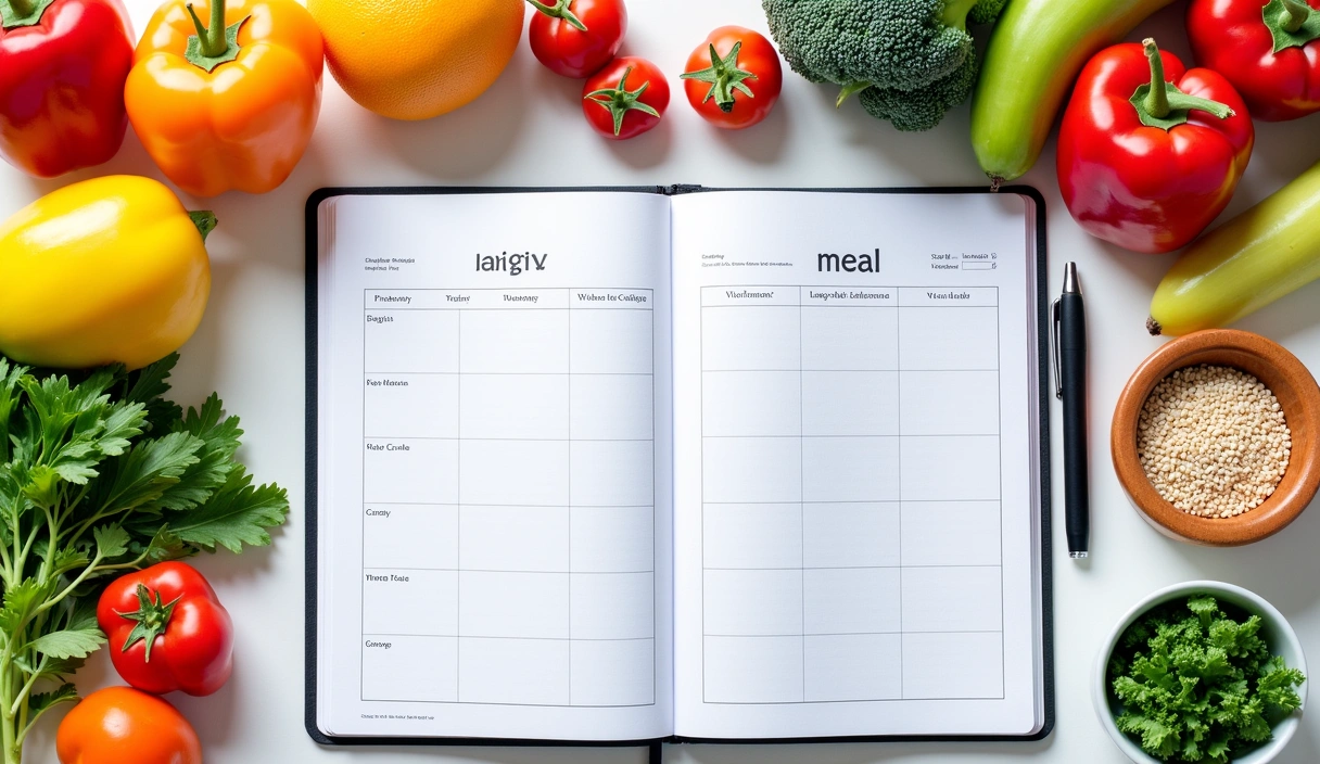 A beautifully arranged personalized meal plan with healthy ingredients like fresh fruits, vegetables, lean protein, and whole grains, showcasing variety and balance. No text, letters, or inscriptions.