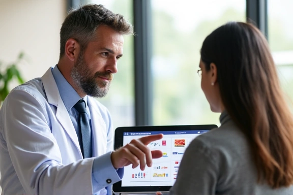 A nutritionist consulting with a client, looking at a digital tablet with charts and data, in a bright, modern office setting. No text, letters, or inscriptions.