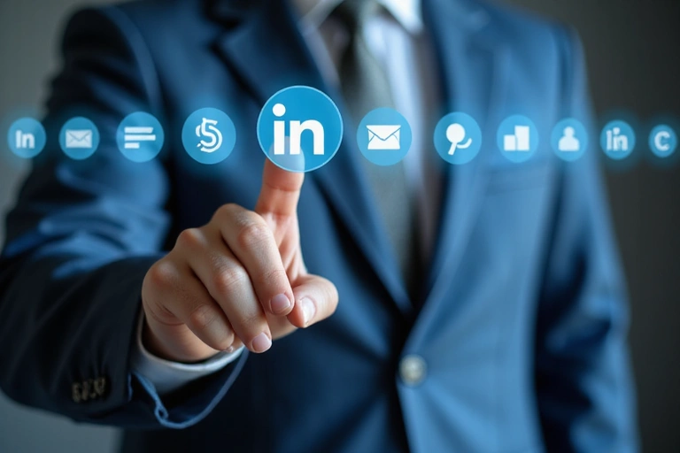 A hand clicking on a hyperlink on a screen, with multiple website logos in the background.