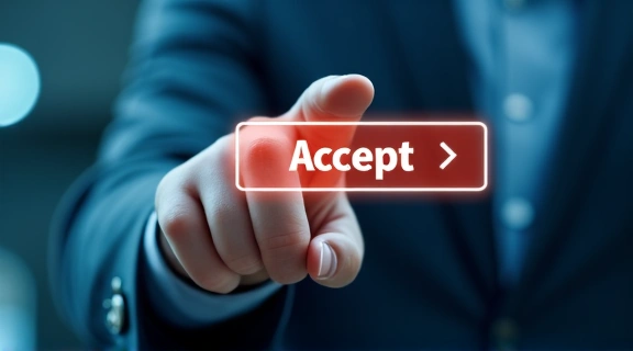 A hand pressing an 'Accept' button on a digital interface, symbolizing user consent.