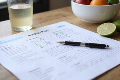 A person reviewing a personalized nutrition plan with healthy food choices depicted.