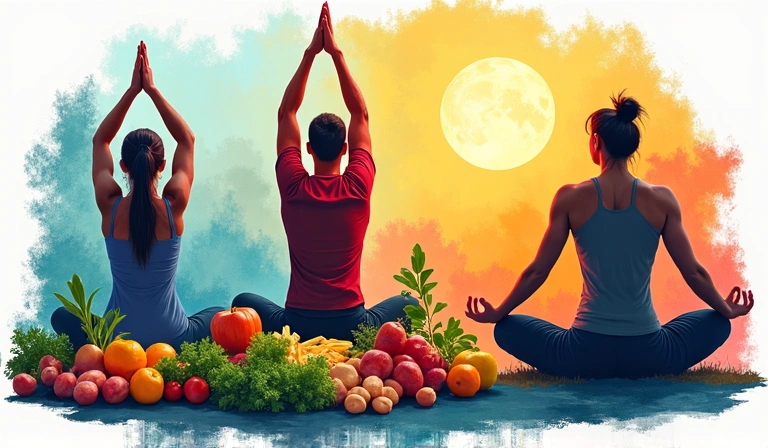 A vibrant collage showing various healthy activities like yoga, cooking, and hiking, representing holistic well-being.