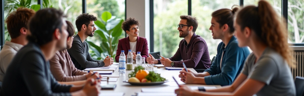 A group of diverse individuals actively participating in a nutrition workshop, some taking notes, others engaged in discussion, with a presenter at the front. The atmosphere is collaborative and educational. No text, letters, or inscriptions.