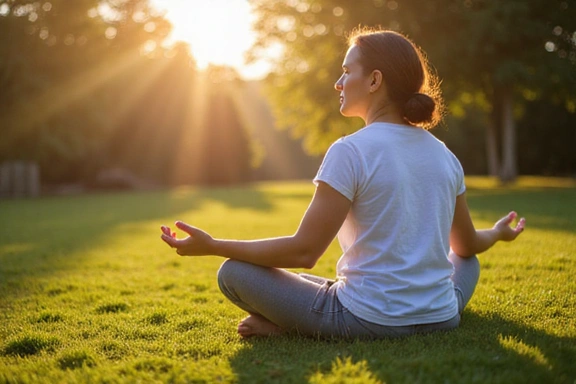 A person meditating peacefully outdoors, surrounded by nature, symbolizing mental well-being and stress reduction through holistic health practices. No text, letters, or inscriptions.