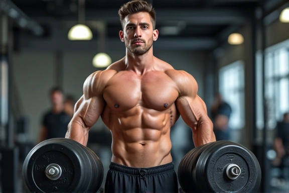 A person confidently lifting weights in a gym, representing strength training and muscle growth, indicating the importance of protein and proper nutrition for body composition. No text, letters, or inscriptions.